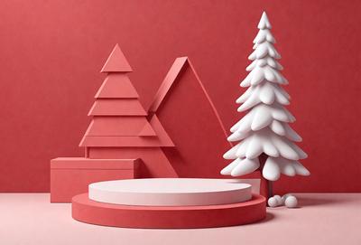 The primary subject of the image is a white Christmas tree, which is the main focus of the scene. The tree is placed in front of a red wall, creating a striking contrast between the white tree and the red background. The visual style of the image is a combination of digital art and illustration, giving it a unique and creative appearance. The colors and mood of the image are predominantly white and red, with the white tree and red wall creating a festive and joyful atmosphere.